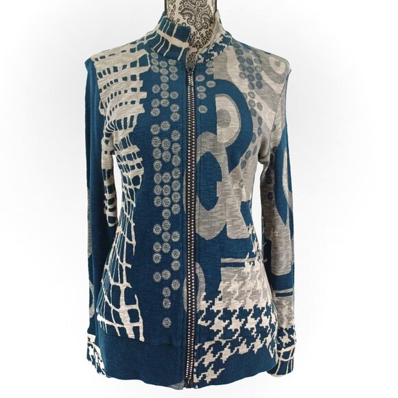 KATINA MARIE Sweater Rhinestone Zip Cardigan Abstract Graphic S - Picture 1 of 6
